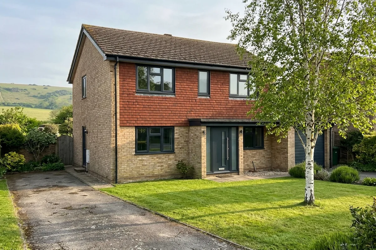 Brick and tile-hung 1970s detached house with slim anthracite aluminium casement windows and a matching front door, a grassy hill behind