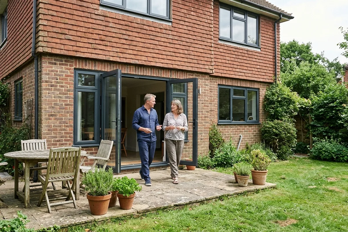 Couple stepping out through new grey aluminium French doors onto a garden terrace at the back of a 1970s detached house