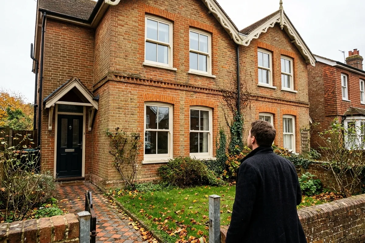 Homeowner on the front path looking up at a Victorian semi-detached villa with cream uPVC sliding sash windows