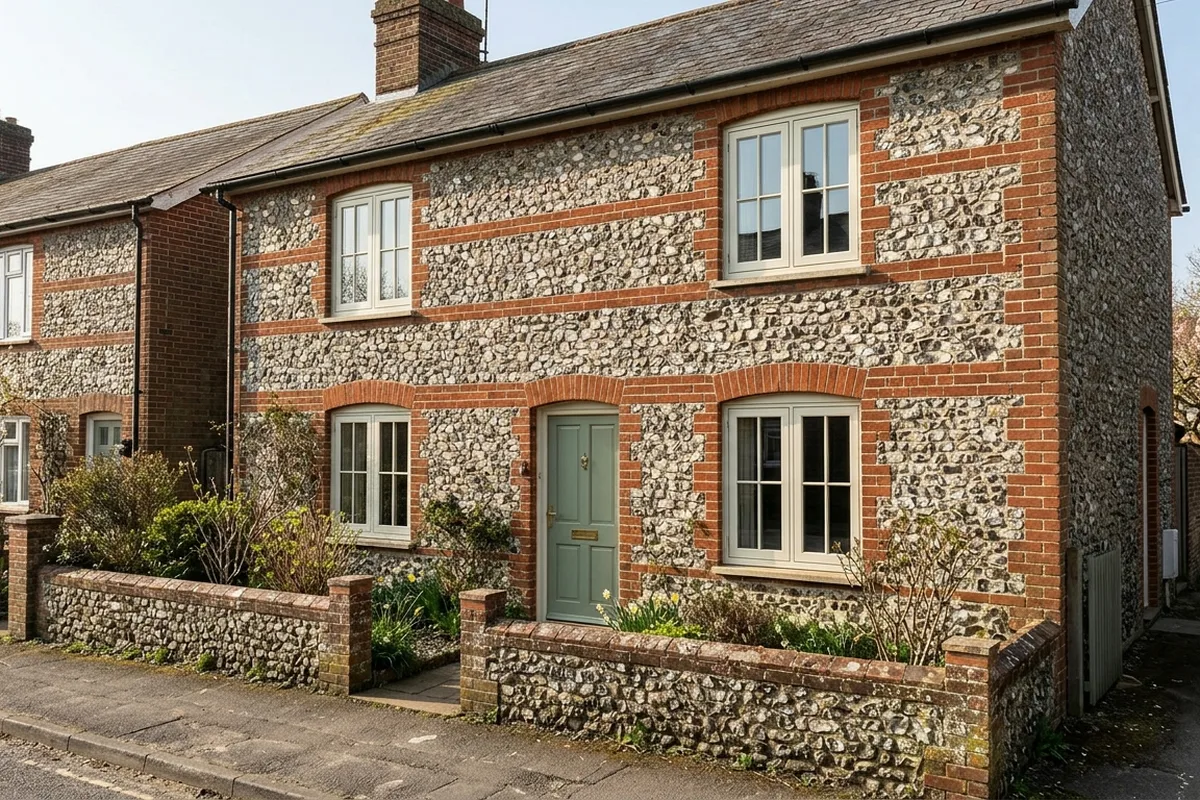 Front of a two-storey brick and flint cottage with four white uPVC flush casement windows and a sage green front door