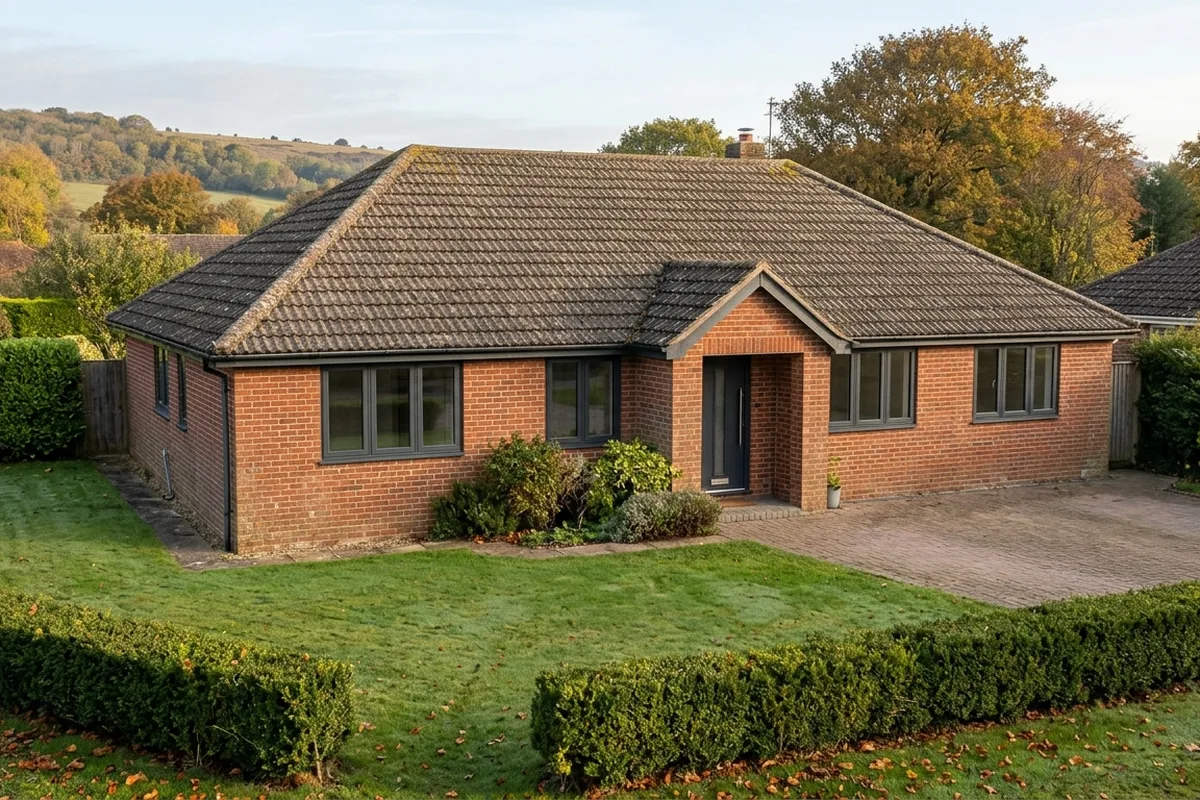 Detached brick bungalow in Bramber with six dark grey aluminium flush casement windows and a lawn in front