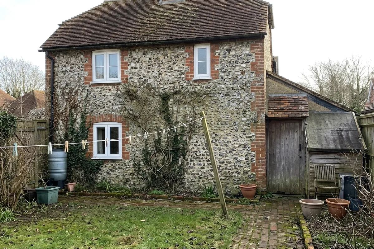 Back of a flint and red brick cottage with three white flush casement windows across both floors