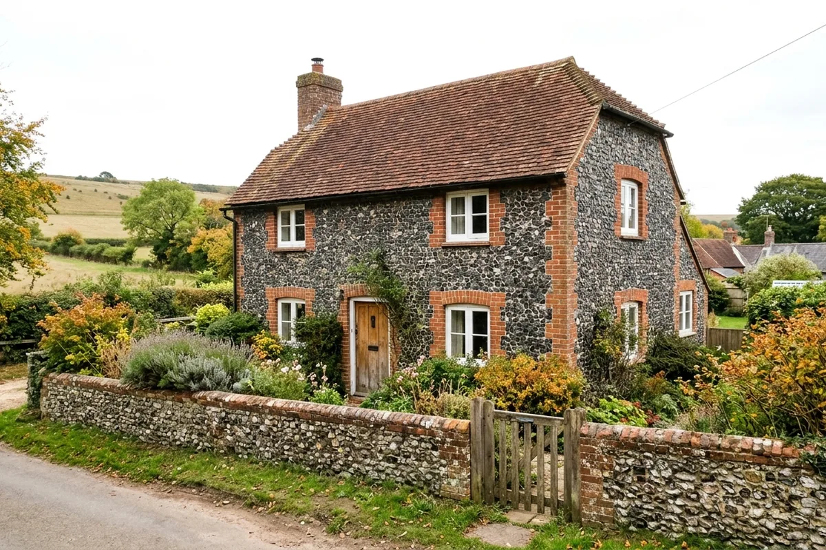 Flint cottage with red brick dressings, white casement windows and a low flint garden wall with a wooden gate, typical of older Findon houses