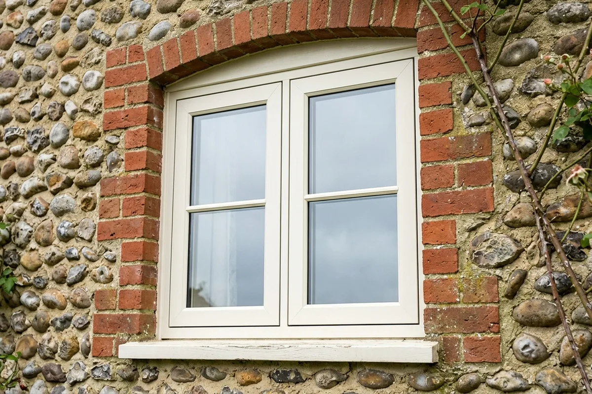Close view of a white flush casement window set in a flint wall with red brick reveals, the opening light sitting level with the frame