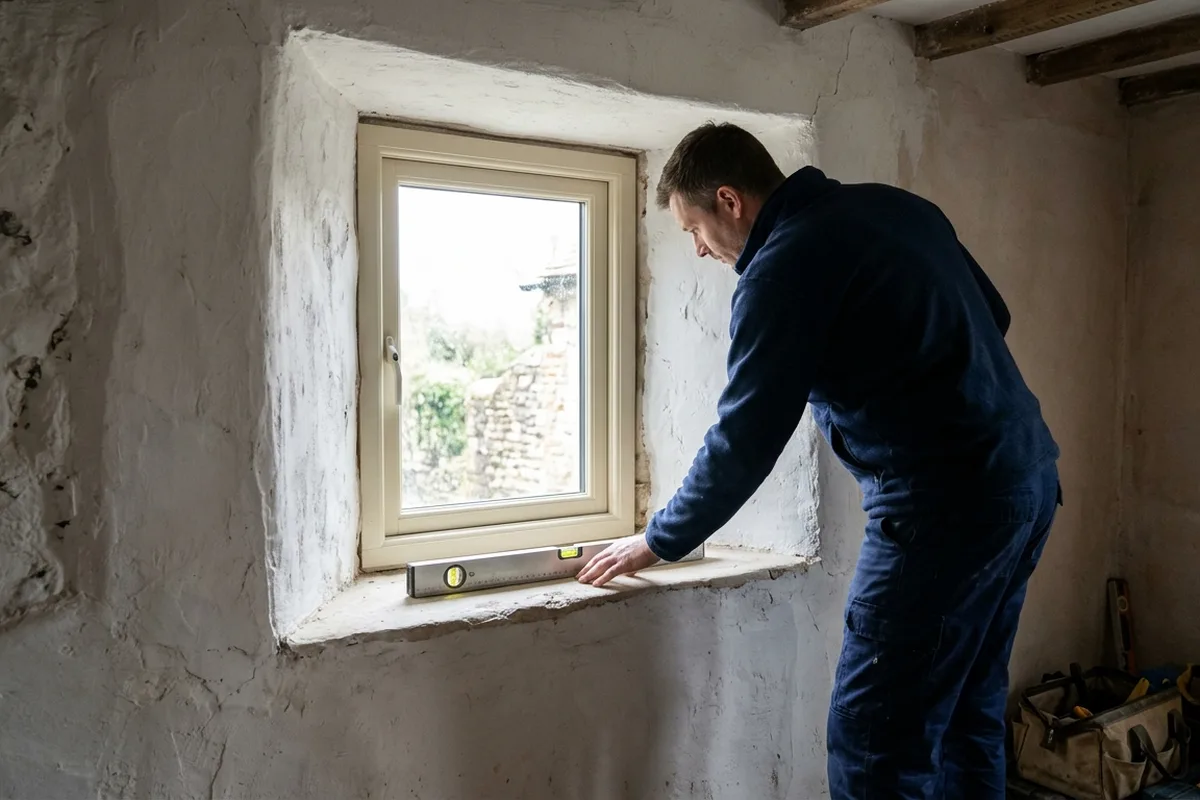 One installer in plain navy workwear checking a small new cream casement window with a short spirit level on the sill, inside a cottage room with thick limewashed walls
