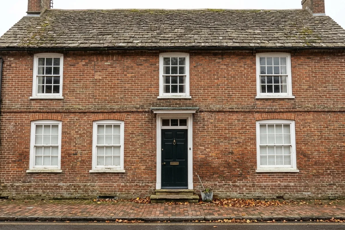 Georgian red brick house with a stone slab roof, white small-paned sash windows and a black front door, typical of older Steyning houses