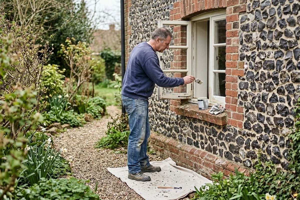 Homeowner standing on the garden path repainting a ground-floor timber casement window in a flint cottage wall